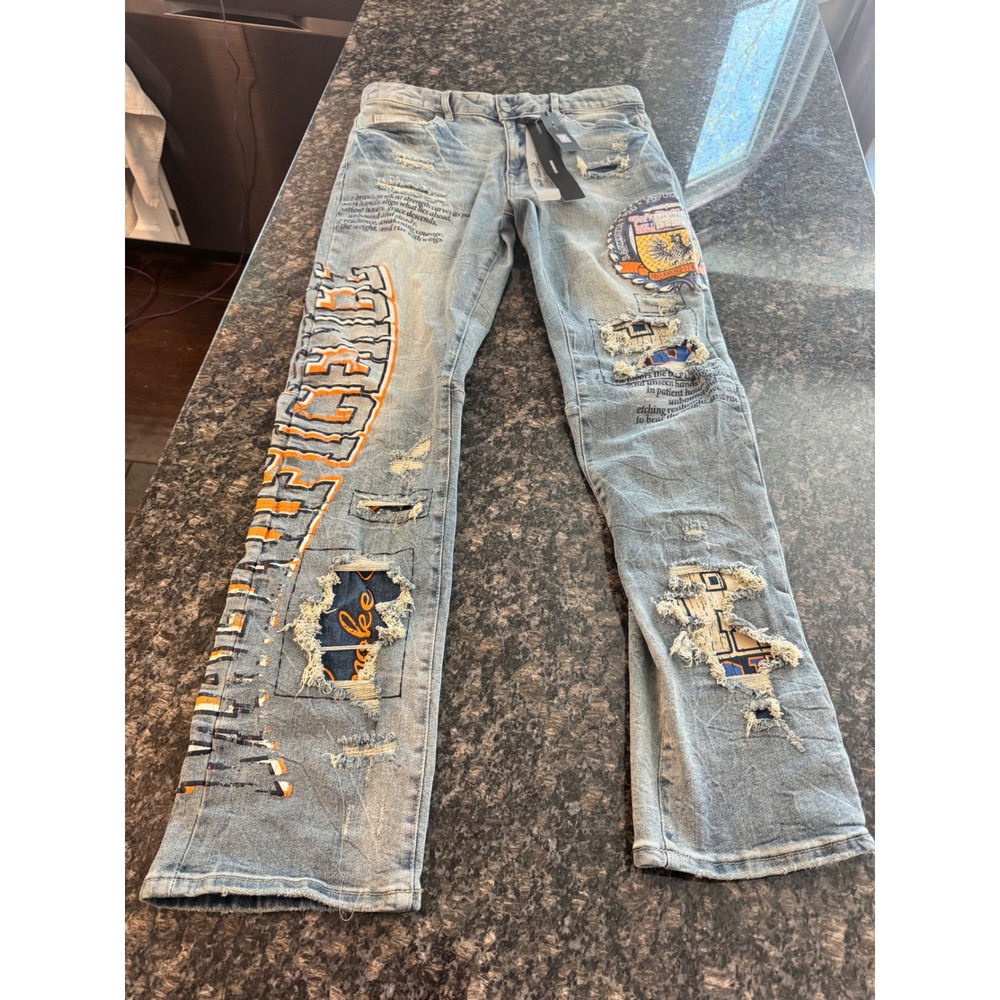 Smoke Rise Mens Distressed Graphic Patch Denim Jeans Light Wash W34 L33 NEW